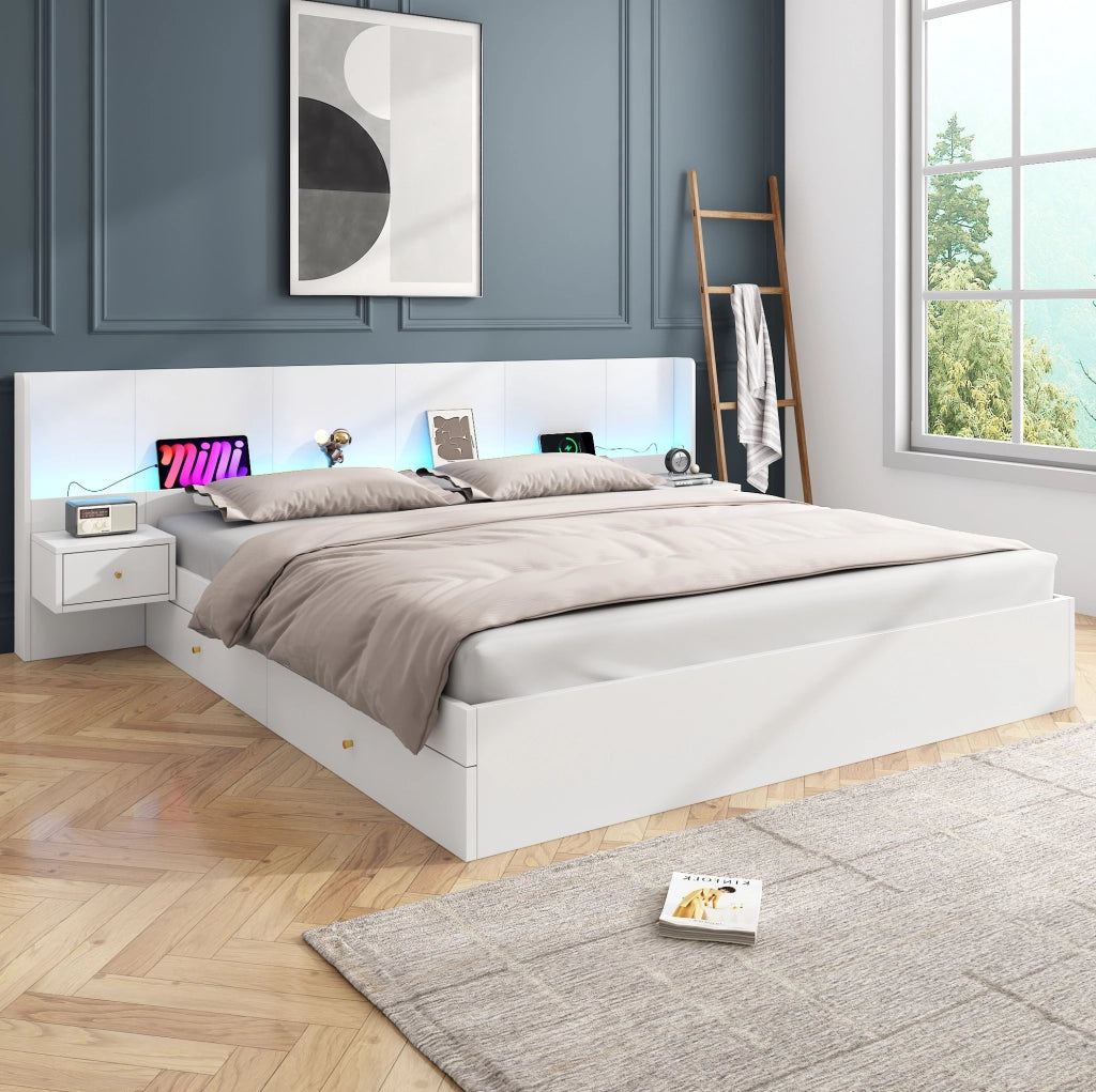 Letto matrimoniale 180x200 cm in MDF bianco con USB; LED APP; 2 comodini e cassetti