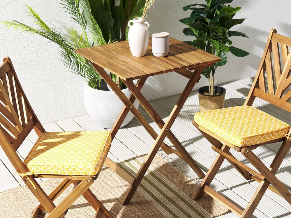 Set di 2 cuscini per sedia da giardino giallo bianco 37 x 34 cm motivo a strisce per esterno legami resistenti ai raggi UV