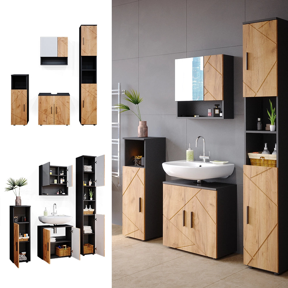Vicco Set mobili bagno Quercia dorata/antracite 4 parti, con armadio alto