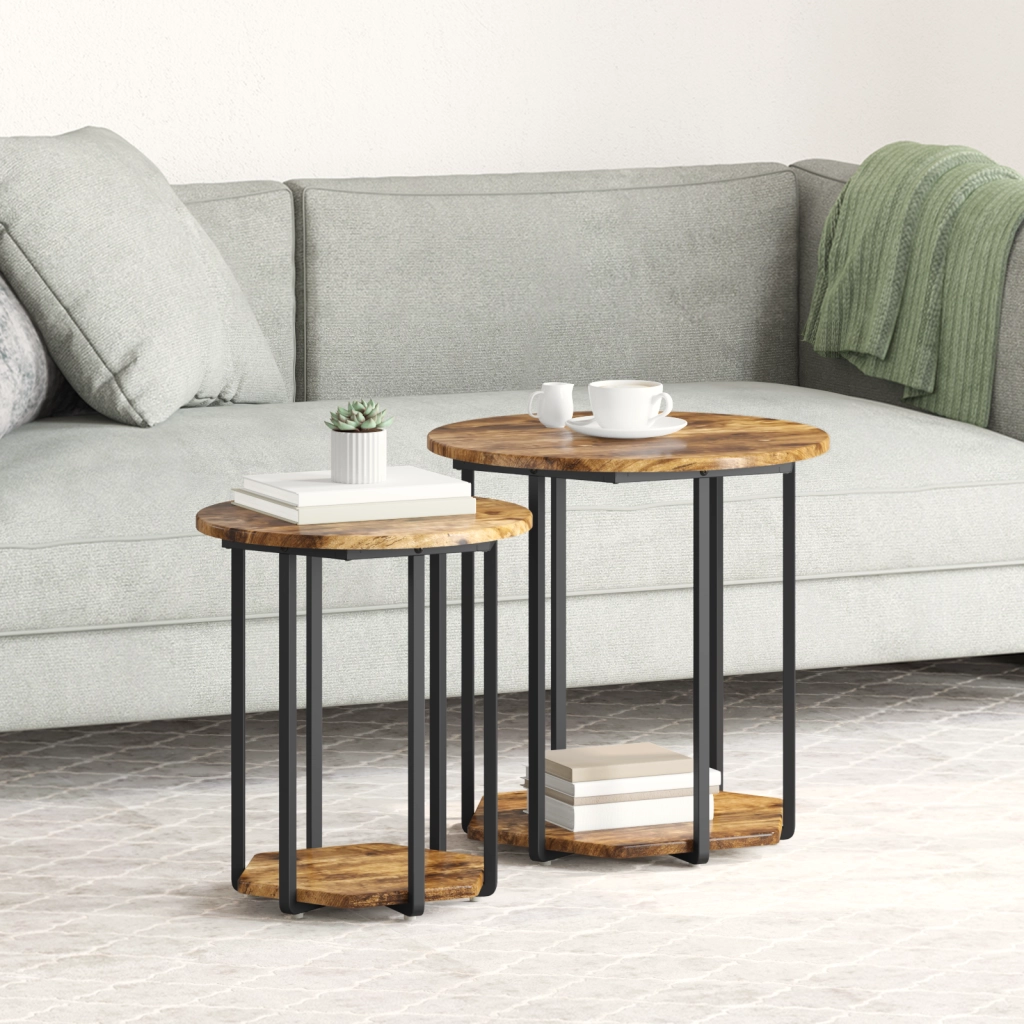 Tavolino 2 pz Rovere Affumicato in Legno Compatto e Metallo