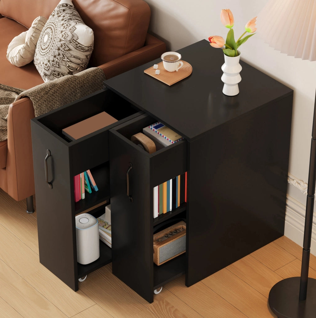 Mobile contenitore su ruote con ripiani aperti e moduli laterali reversibili; 52x50x75 cm; nero