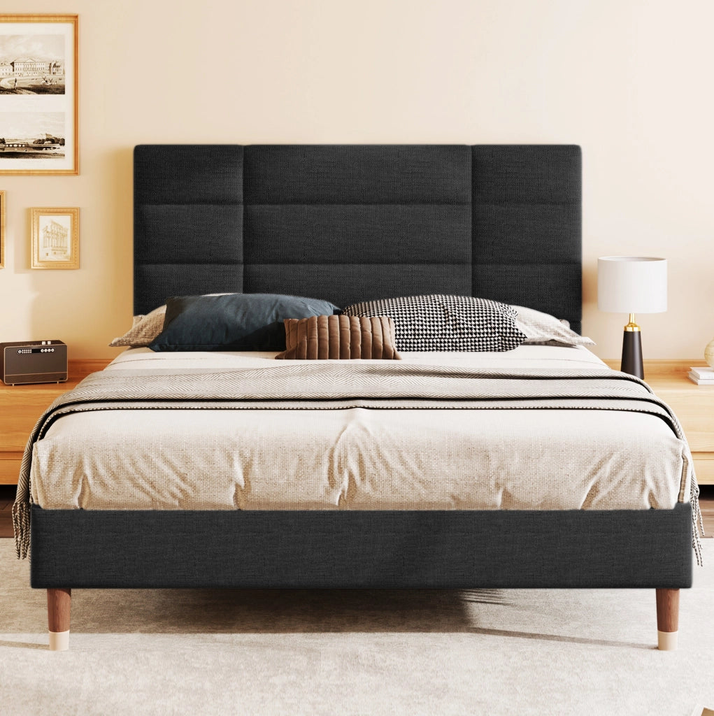 Letto matrimoniale imbottito ULEVR 140x200 cm con testiera e rete a doghe, lino nero