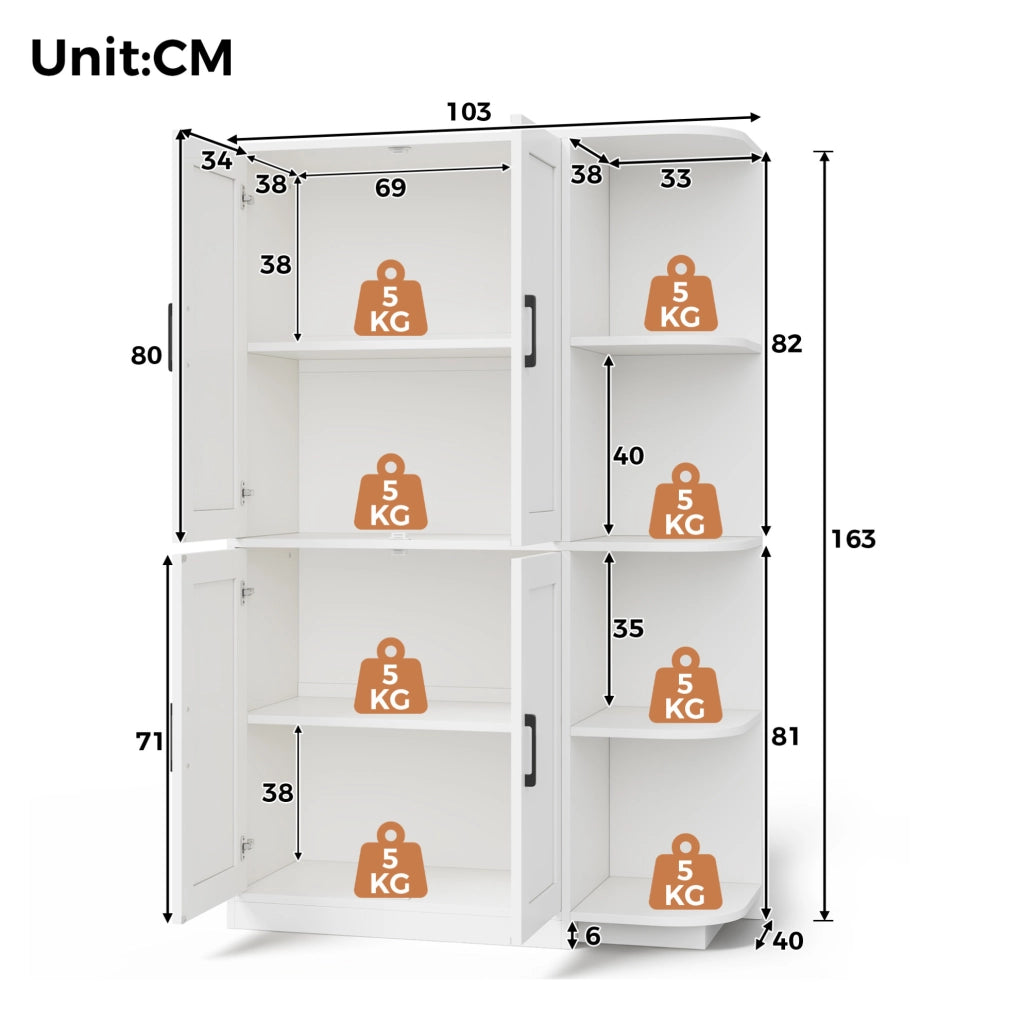 Credenza alta bianca con 4 vani aperti e ante; 103x40x163 cm in MDF