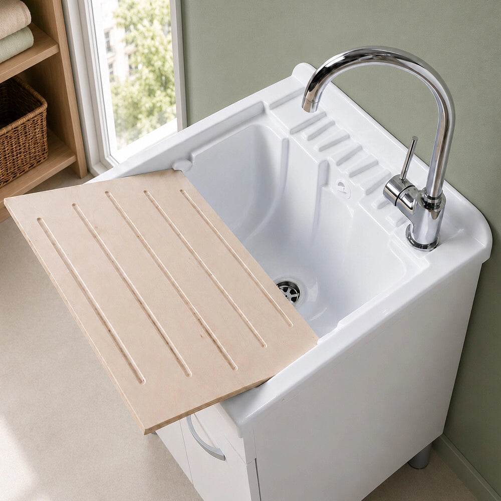 Mobile lavatoio 60x40 cm bianco opaco con due ante e vasca incluso di asse di lavaggio e kit di scarico Medea