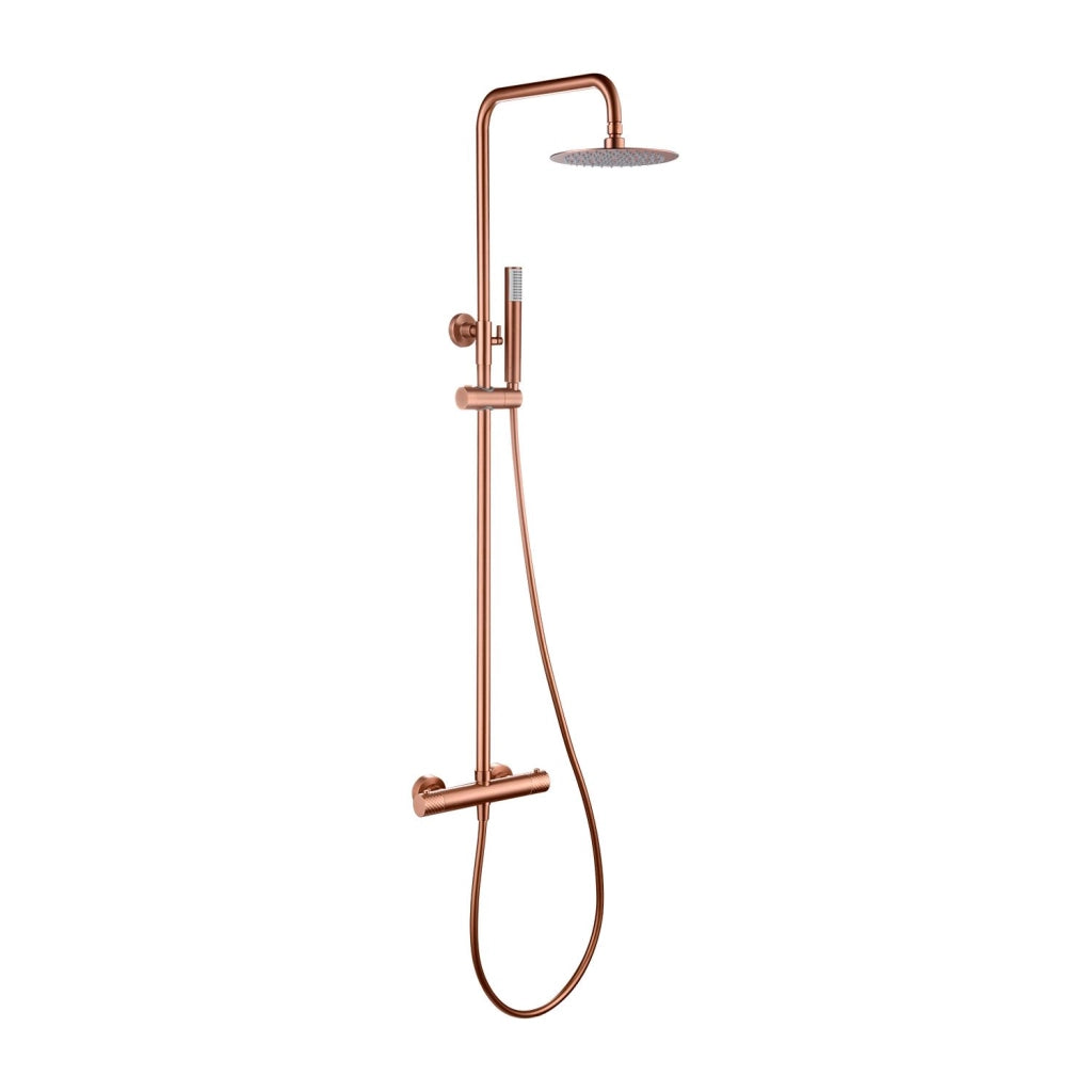 IMEX Set doccia termostatico Genova oro rosa spazzolato asta estensibile acciaio inox S304 soffione extrapiatto Ø20 cm anticalcare rubinetto ottone con cartuccia termostatica TURN CLEAN SYSTEM Ime