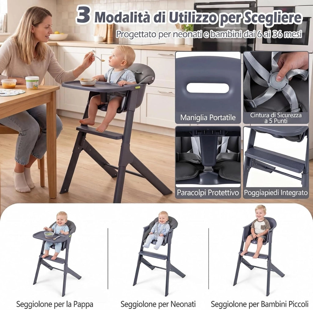Seggiolone Pappa Evolutivo per Bambini 6-36 Mesi, Lavabile | Sedia Portatile con Vassoio Regolabile, Cuscino Imbottito e Cintura di Sicurezza, Telaio in Metallo, Portata 15 kg