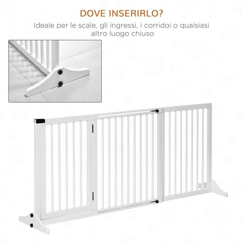 CANCELLINO PER CANI TAGLIA REGOLABILE A 3 PANNELLI, IN LEGNO DI PINO, 113-166X36X71 CM, BIANCO