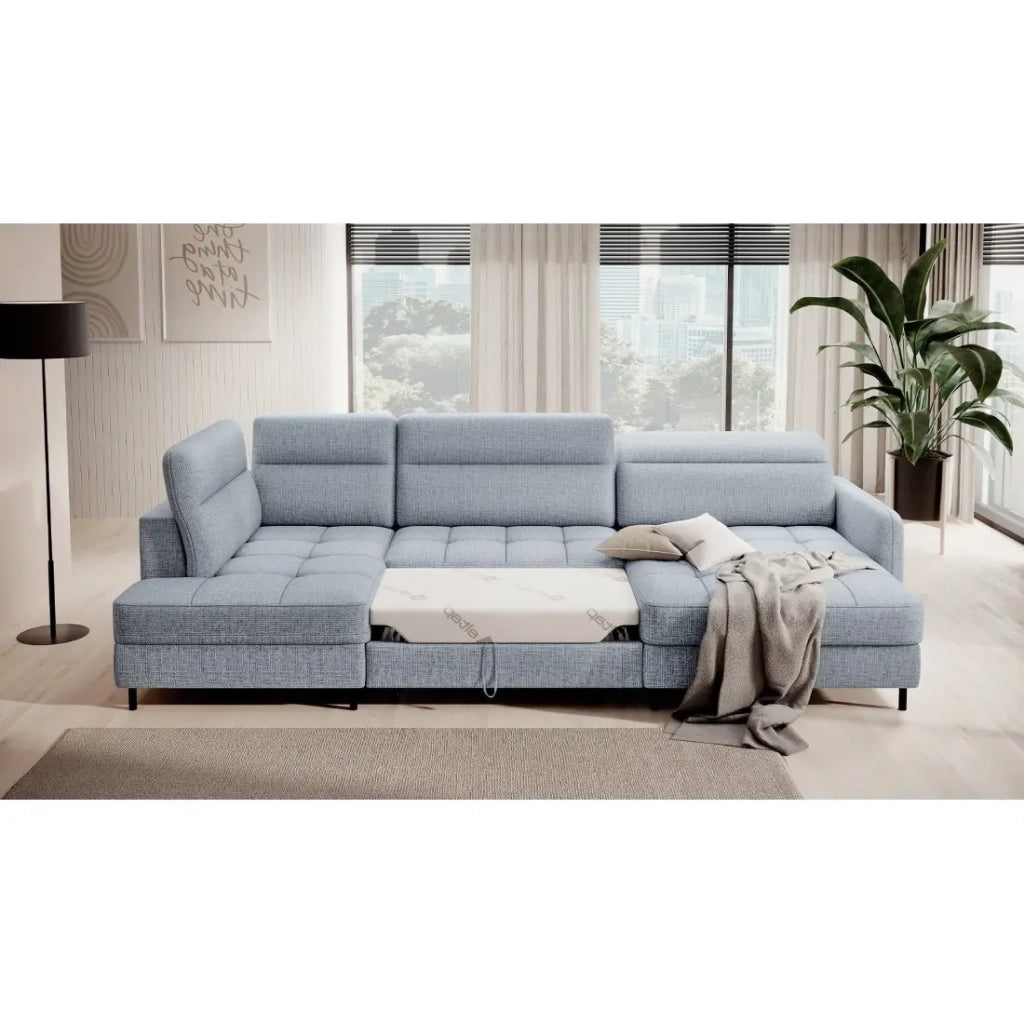 Divano angolare trasformabile BERTHO 306 cm blu grigio effetto melange – Angolo destro con contenitore