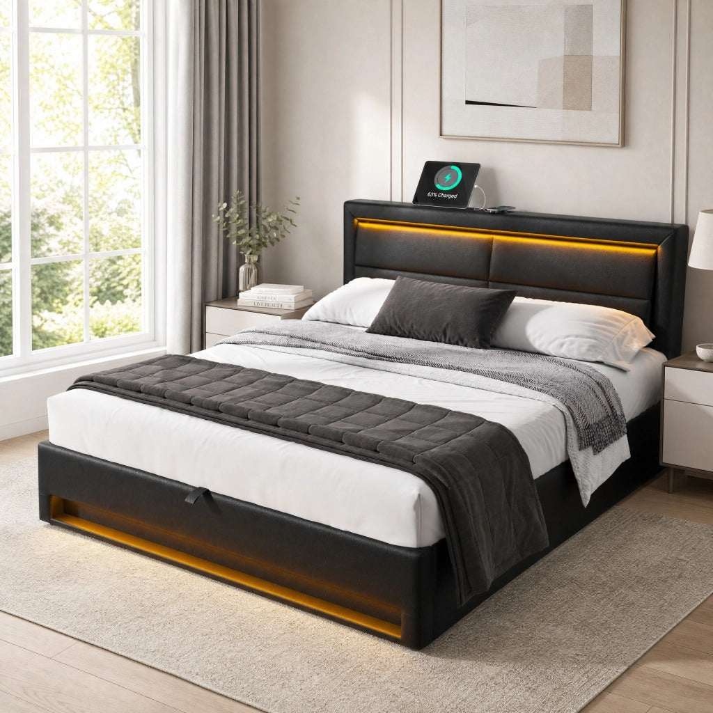 LETTO Imbottito 140x200 cm PU Nero con USB, LED e contenitore