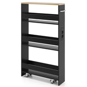 Carrello da cucina 4 ripiani con stazione di ricarica maniglia e parapetti-Scaffale stretto a sfilo con ruote bloccabili per cucina  Nero e naturale