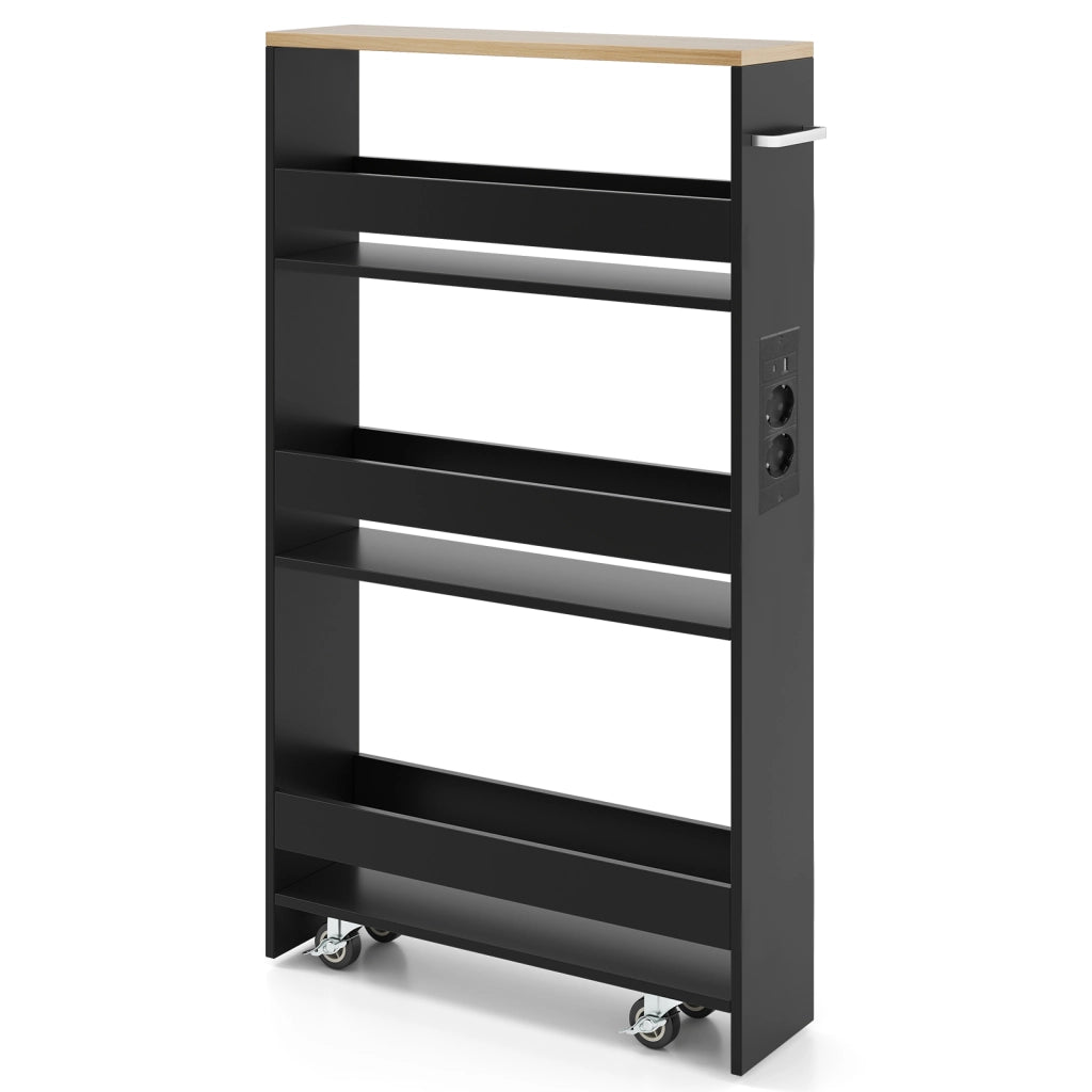 Carrello da cucina 4 ripiani con stazione di ricarica maniglia e parapetti-Scaffale stretto a sfilo con ruote bloccabili per cucina  Nero e naturale