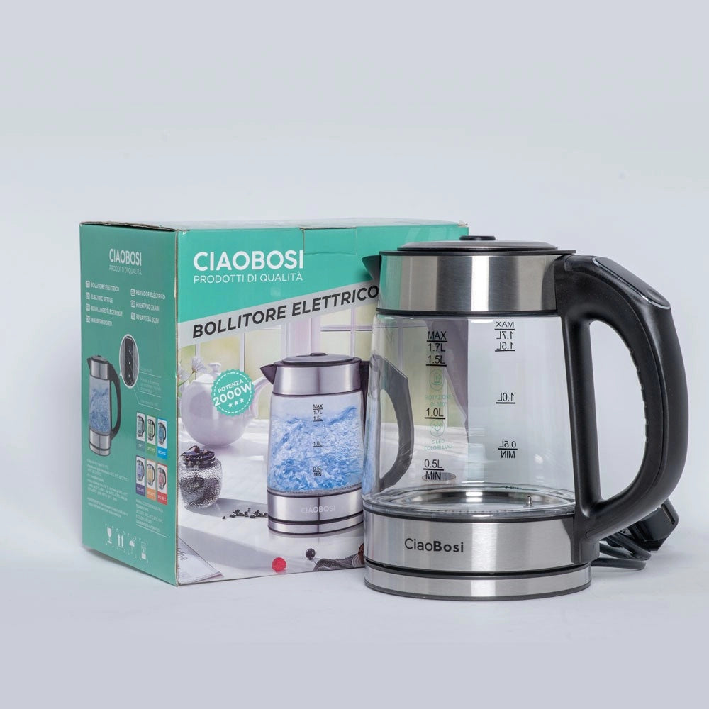 Trade Shop - Bollitore Elettrico In Vetro Capacità 1,7 Lt 2000 W Acqua Ufficio Viaggi Tx-9944 -