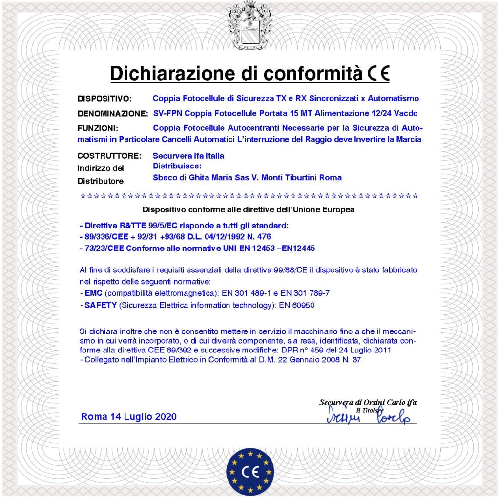 Coppia Fotocellula Pupilla Controllo Stop Cancello Elettrico Sicurezza Passaggio Portata 25 Metri Lineari Montaggio a Parete o Palina Alimentazione 24/30 Vac