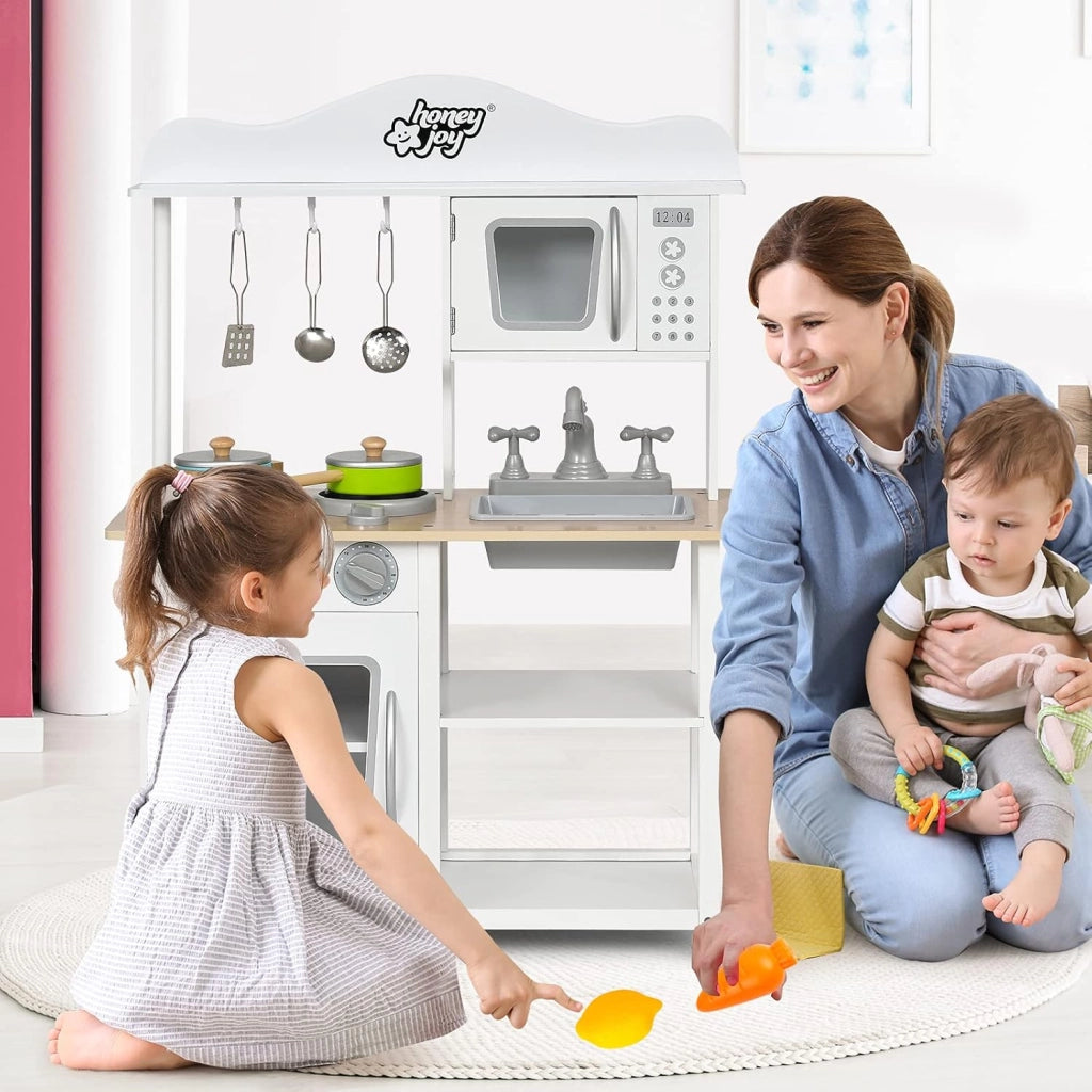 Cucina Giocattolo per Bambini, Cucina per Bambini in Legno con Forno, Microonde, Lavello e Rubinetto, con Accessori, Pentole e Utensili per Cucinare, per bambini 3+ Anni