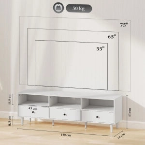 Mobile porta tv con 3 cassetti e 3 vani aperti, passacavi, per soggiorno, in legno, bianco, 140 × 34 × 45 cm
