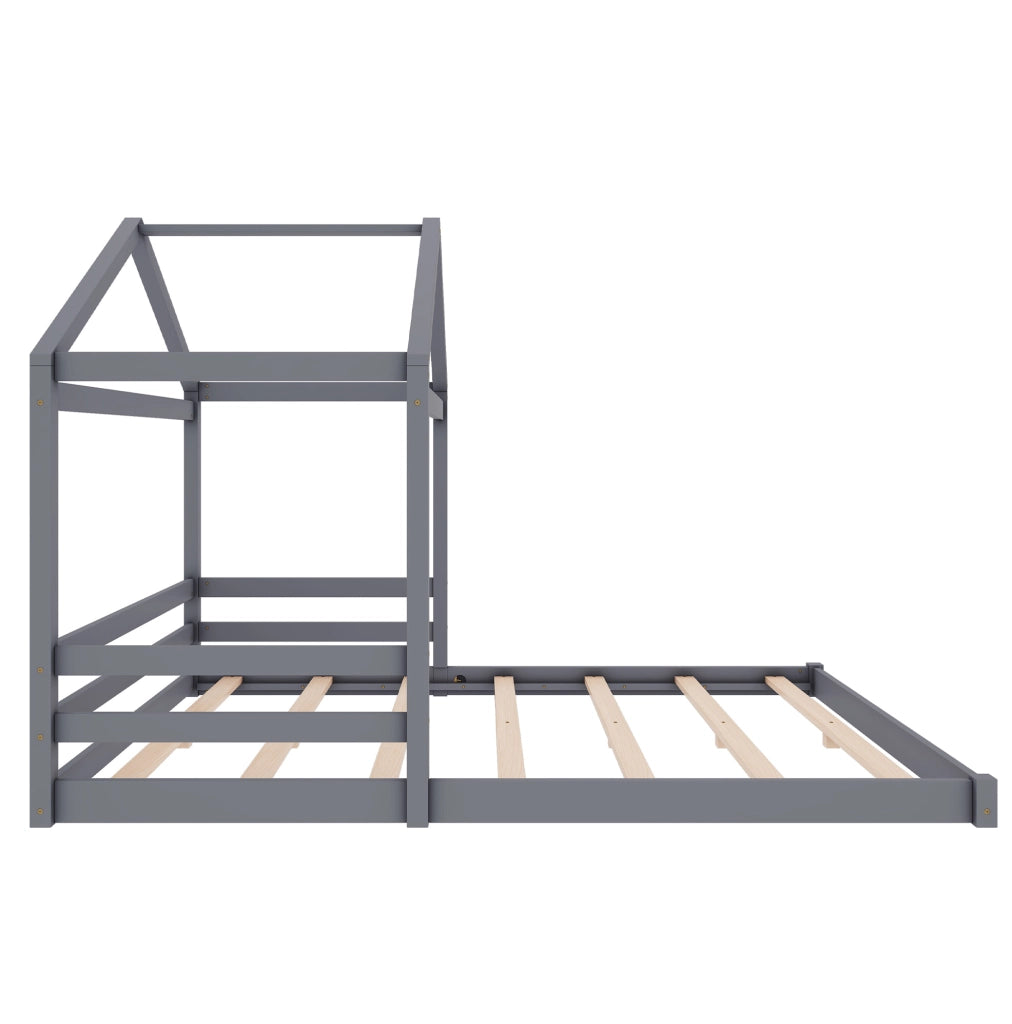 Letto per bambini a forma di casa 140x200 cm con rete a doghe; legno di pino e MDF grigio