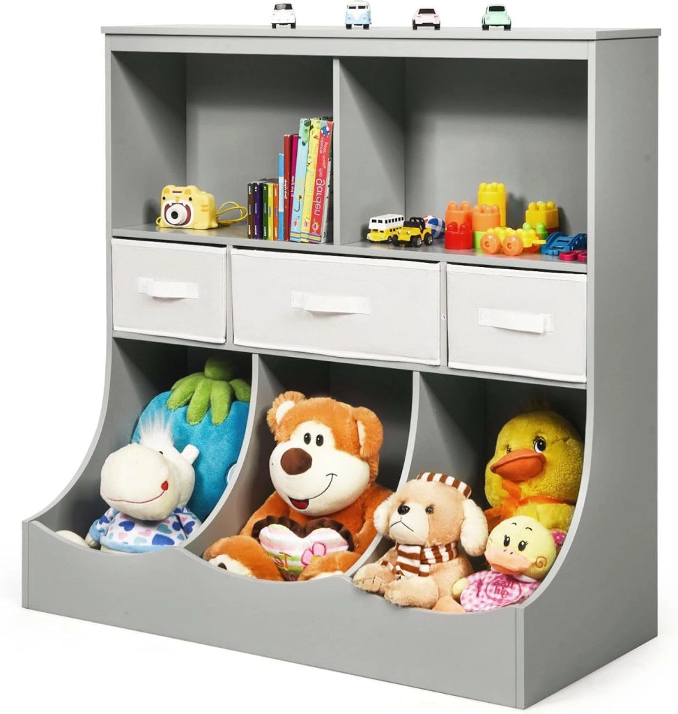 Mobile portaoggetti multiuso per libri e giocattoli, armadietti di 2 diverse dimensioni, armadio per bambini, libreria aperta con 3 cassetti, 93 x 40 x 94 cm (grigio) (QF53080PAFR)