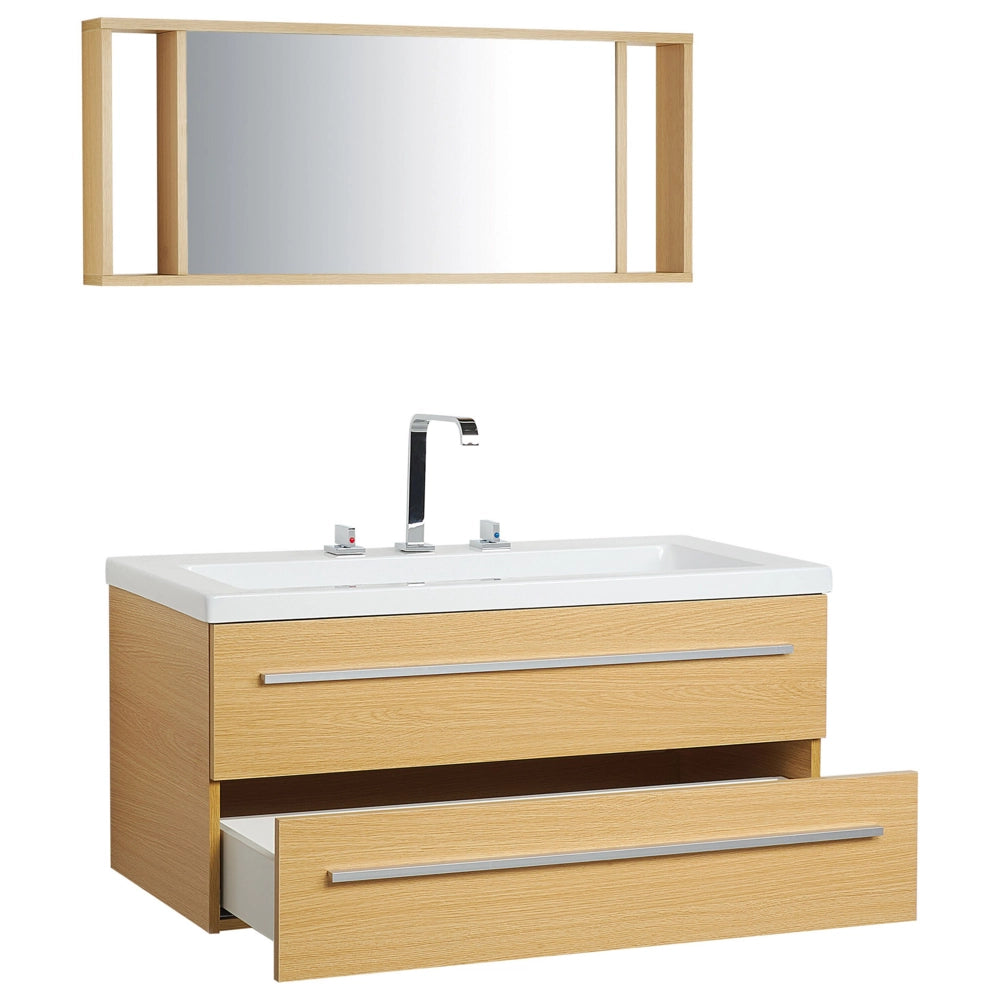 Mobiletto Lavabo colore Beige e Argento a 2 Cassetti con Specchio in stile Moderno contemporaneo