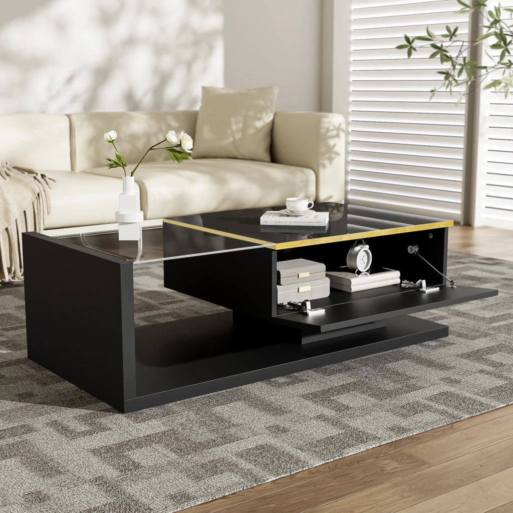 Tavolino Da Caffè 100 cm con Piano in Vetro e LED 16 Colori con App Bluetooth; Nero Lucido; in Truciolare; 100×50×32;5 cm