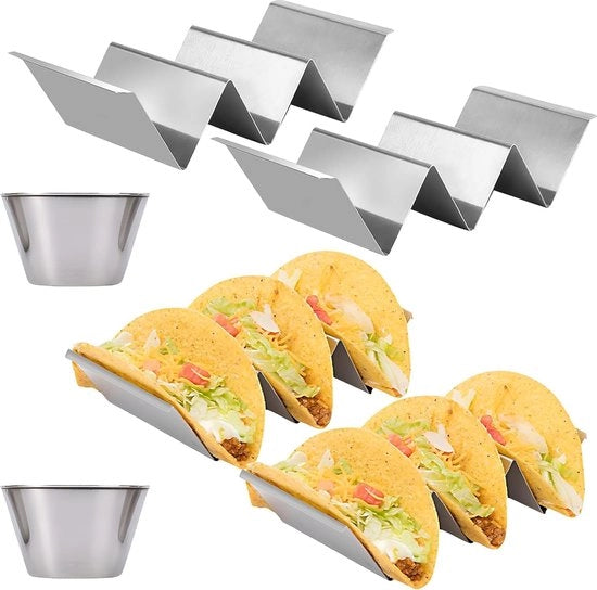 Set di contenitori per tacos a doppia ciotola, contenitore per hot dog con 2 ciotole per erbe, conchiglie per tacos in metallo, conchiglie per tacos in materiale duraturo.