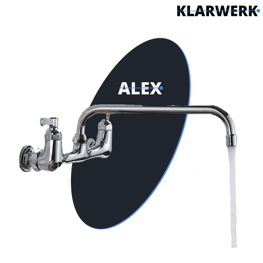 ALEX | rubinetto miscelatore da parete per ristorazione cromato | da cucina professionale in acciaio inox lungo e piatto |ristorante  bocca diritta