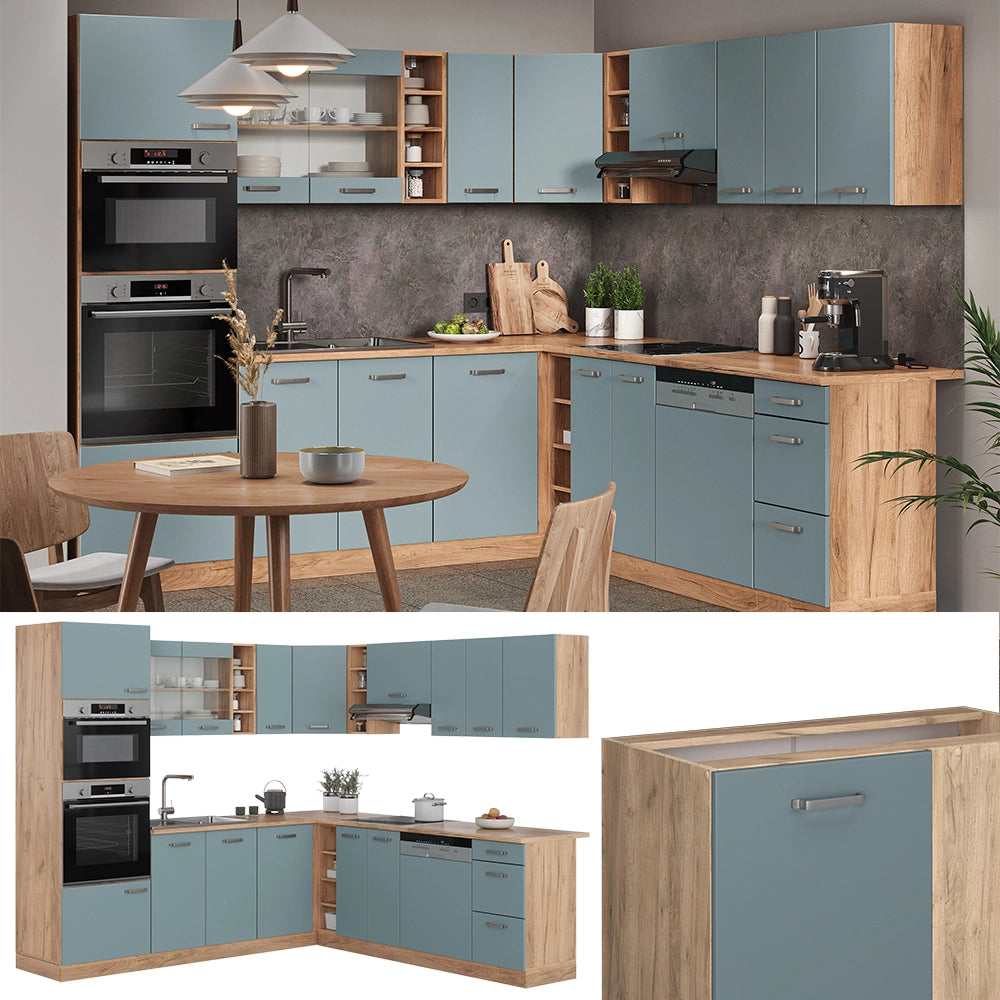 Vicco Cucina angolare completa Rovere blu-grigio/oro 237 x 60 cm senza piano di lavoro