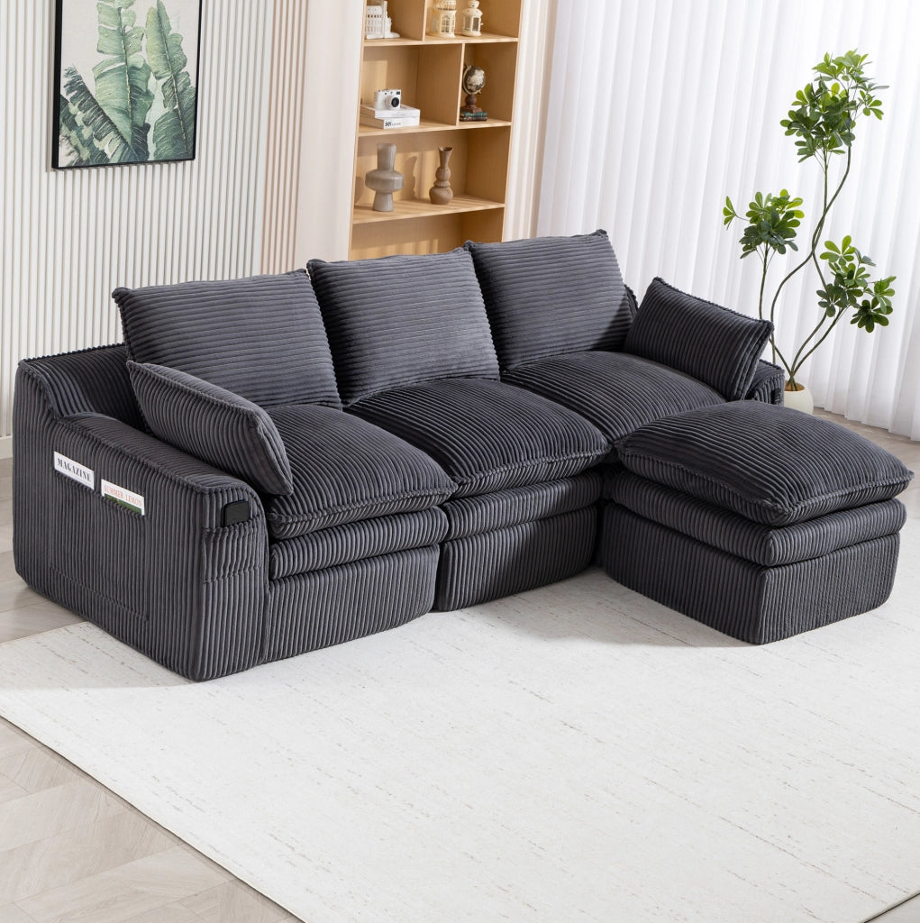 Divano modulare in velluto a coste grigio scuro con pouf