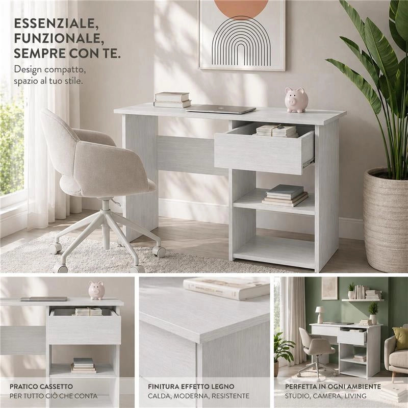 SCRIVANIA PER UFFICIO O CAMERA IN MDF COLOR BIANCO LEGNO CON CASSETTO E RIPIANI MISURE 88X45X75CM