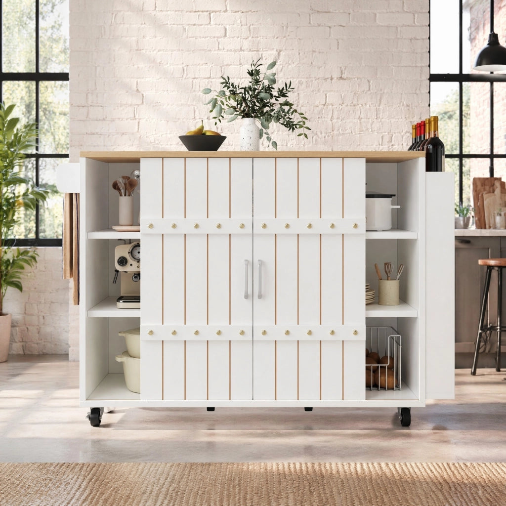Isola cucina con piano ribaltabile, carrello cucina bianco con ante scorrevoli, cassetti e ruote