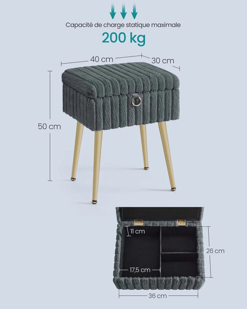 Sgabello da toeletta con contenitore 30 x 40 x 50 cm poggiapiedi gambe in metallo imbottite piedini regolabili per soggiorno camera da letto cabina armadio grigio 12_0008032