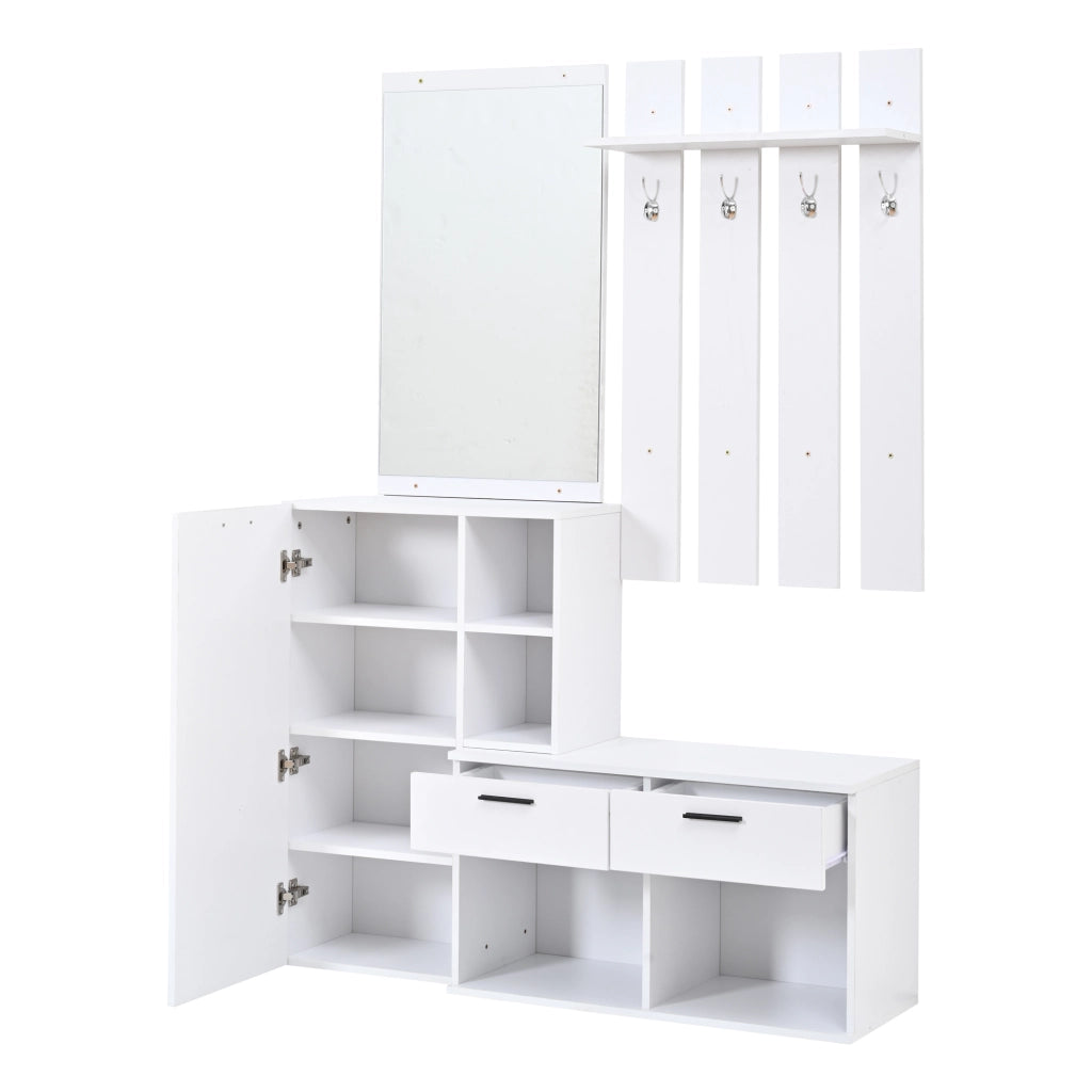 Garderoba da ingresso bianca con specchio, scarpiera, 2 cassetti e 4 ganci, 120x35x175,5 cm