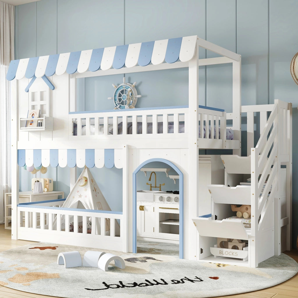 Letto a castello con scalinata e contenitore in legno massello e MDF 90x200 cm