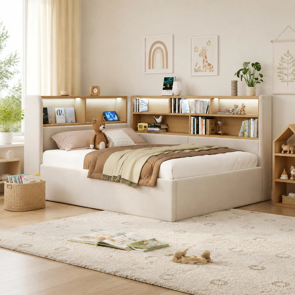 Letto a baldacchino 90x200 cm con contenitore idraulico, testiera con LED, USB-C e tessuto effetto velluto beige