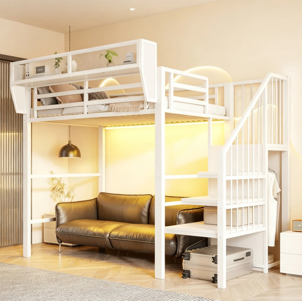 Letto a soppalco 90x200 cm in metallo e MDF; con LED; scala di sicurezza; bianco