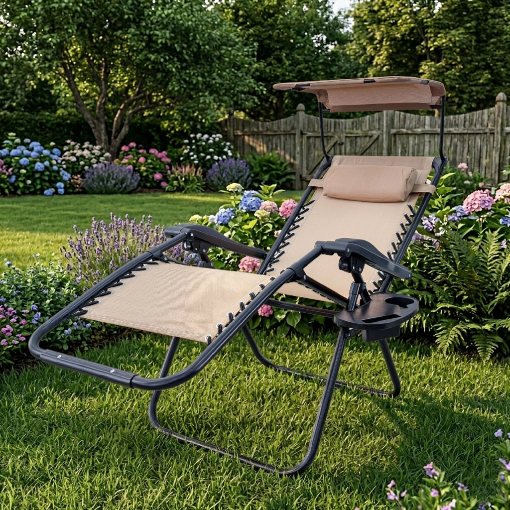 Sedia Sdraio 0 Gravità Pieghevole Professionale con Tettuccio Parasole e Poggiapiedi in Acciaio e Textilene – Reclinabile con Cuscino e Porta Bevande, Ideale per Giardino, Piscina e Campeggio Beige