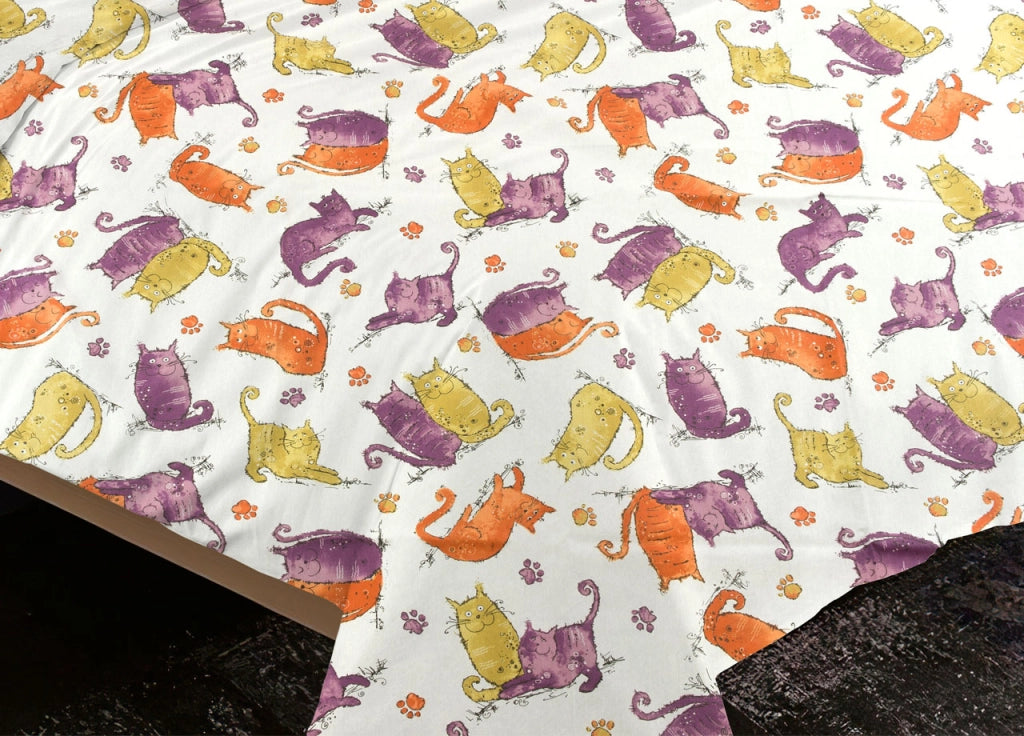 Sacco Copripiumino Piumone Letto In 100% Cotone Disegno Gatti Mod RP Micio Colorato Animali Made Italy - Piazza E Mezza - Arancio