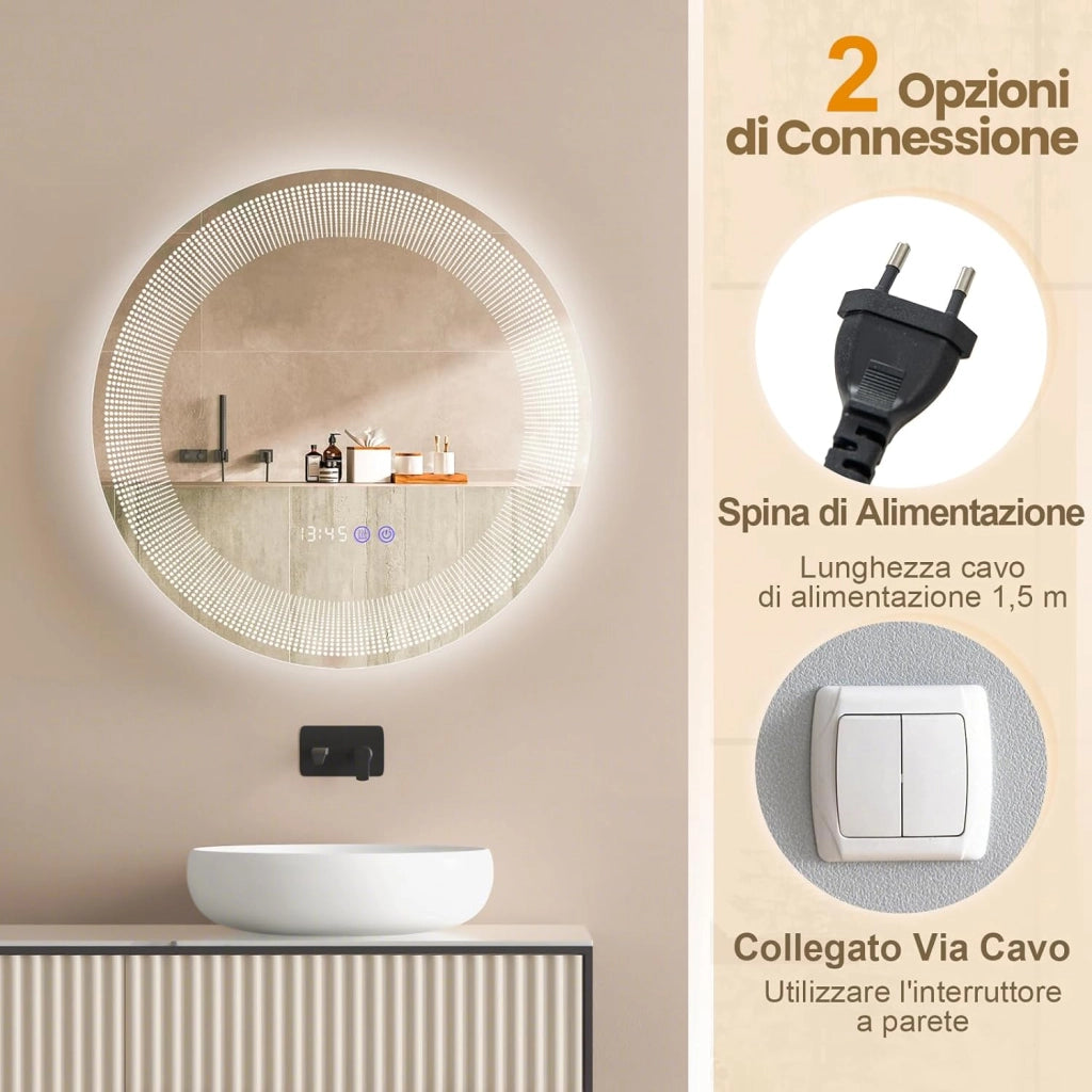 Specchio da Bagno a LED 60x60vm, Specchio Rotondo a Parete con Luci a 3 Colori, Lettura di Tempo e Temperatura, Funziona Anti-Appannamento e Impermeabile IP44, Specchio Cosmetico