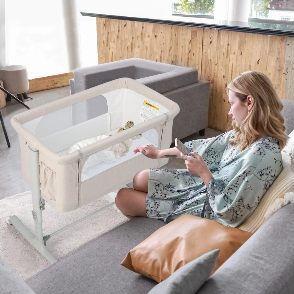 Culla per bambini 3 in 1 con 5 livelli di altezza regolabili borsa da viaggio, Traversina per bambini Beige