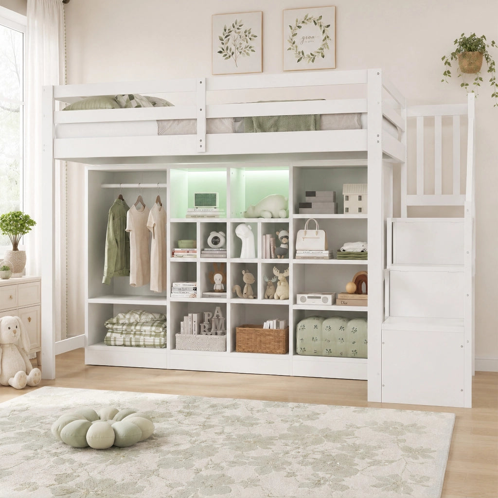 LETTO A Soppalco 90x200 cm in Legno Bianco con Armadio, Ripiani e LED