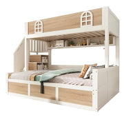 Letto a castello 90×200 cm e 140×200 cm con contenitore idraulico; scala con ripiani; senza materasso; legno; bianco e naturale