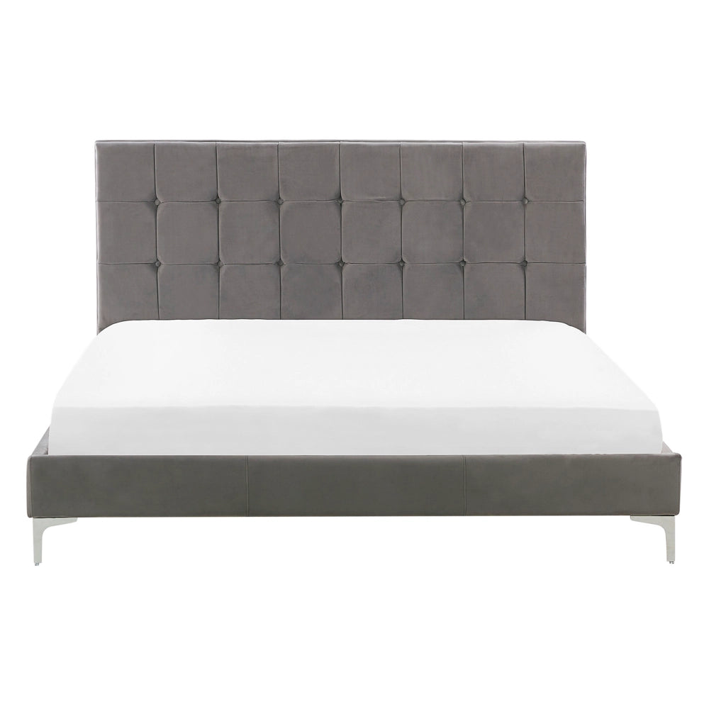 Letto in velluto grigio tappezzeria matrimoniale 140 x 200 cm con rete a doghe e testiera capitonné con bottoni