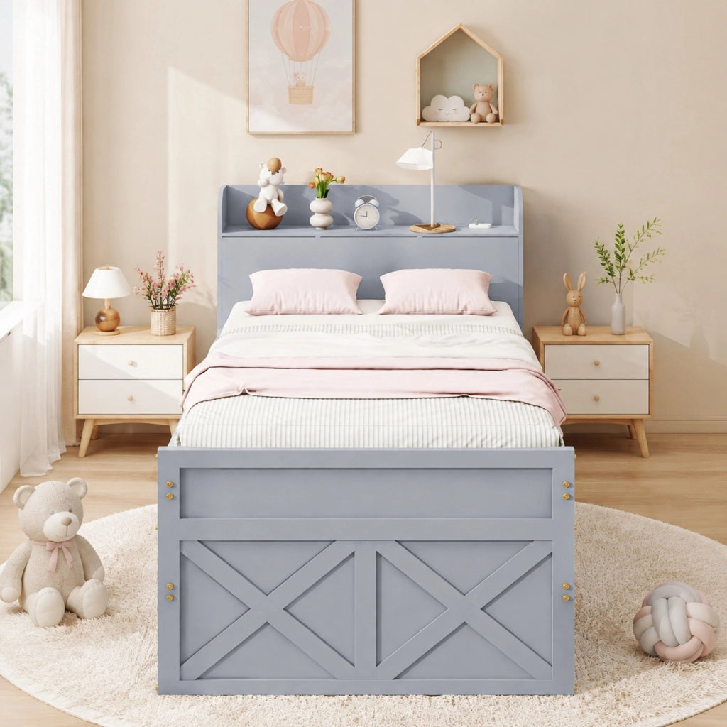 Letto singolo in legno massiccio 90x190 cm con letto estraibile; 2 cassetti; USB; grigio