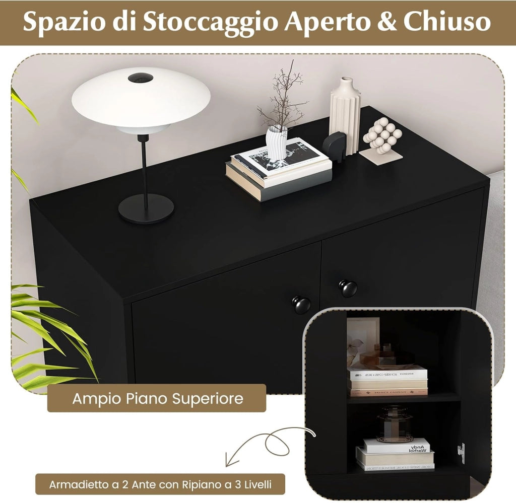 Armadietto da 2 Ante, Mobile da Pavimento con Ripiani a 3 Livelli e Dispositivo Anti-Ribaltamento, per Soggiorno, Sala da Pranzo e Ingresso, 72 x 34 x 85,5 cm (Nero)
