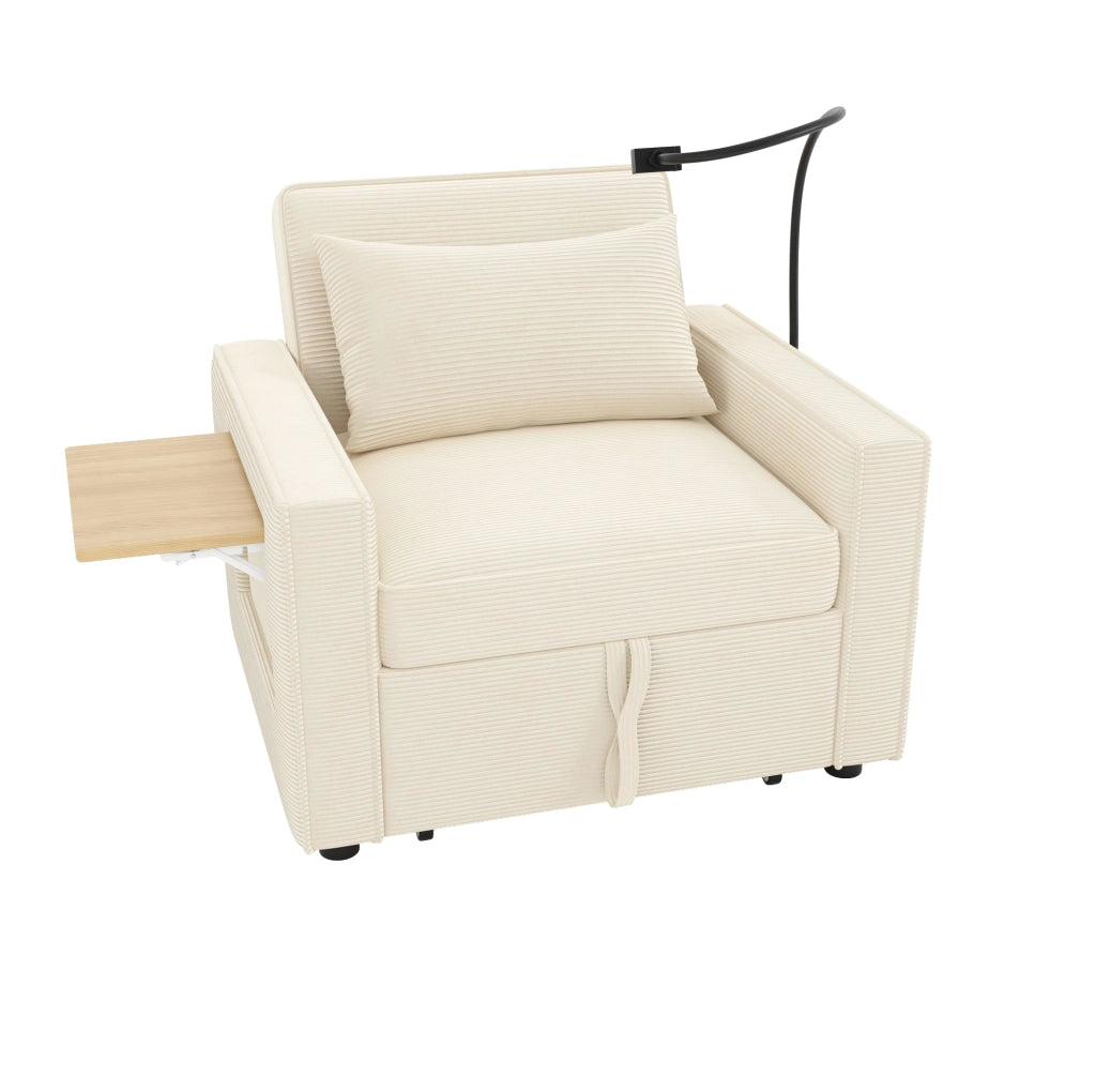Divano letto 1 posto multifunzione con USB; Type-C e supporto smartphone; velluto a coste beige