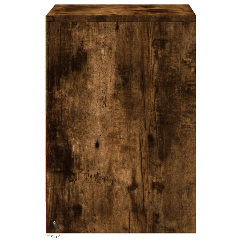 Comodino con Luci LED Rovere Fumo in Legno Multistrato