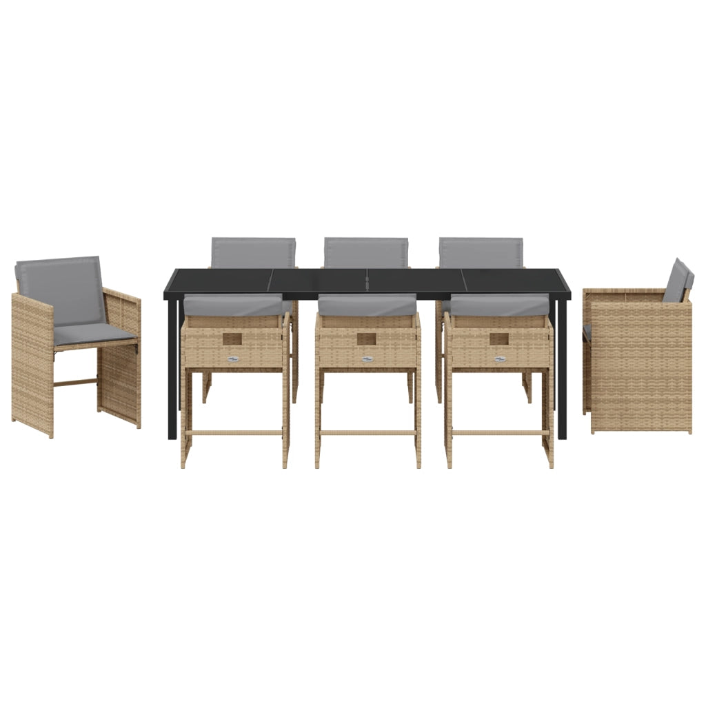 Set da Pranzo in Giardino 9 Pezzi con Cuscini Beige Polyrattan