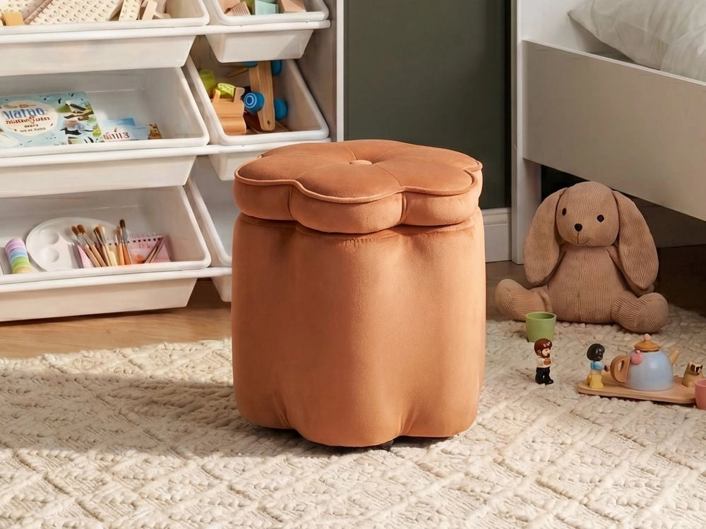 Pouf in velluto arancione con vano portaoggetti motivo floreale per soggiorno e camera da letto stile scandinavo