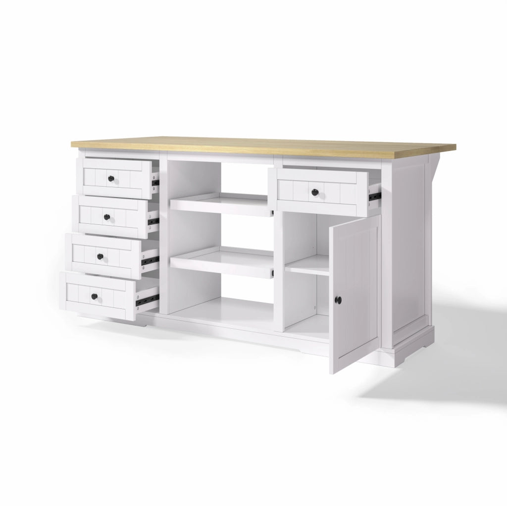 Isola cucina 150x65x75,5 cm bianca - 5 cassetti, prese integrate