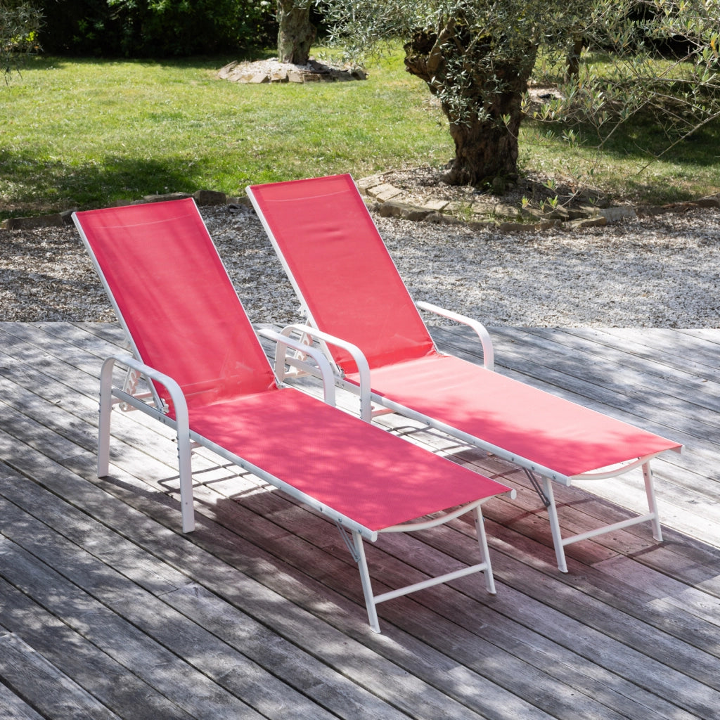 Set di 2 lettini SARDINIA in textilene rosa - struttura bianca