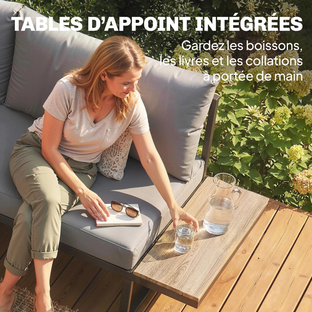 Set da giardino 6 posti con tavolo e divano modulabile ¨C zephmum ¨C cuscini grigi 10cm, legno